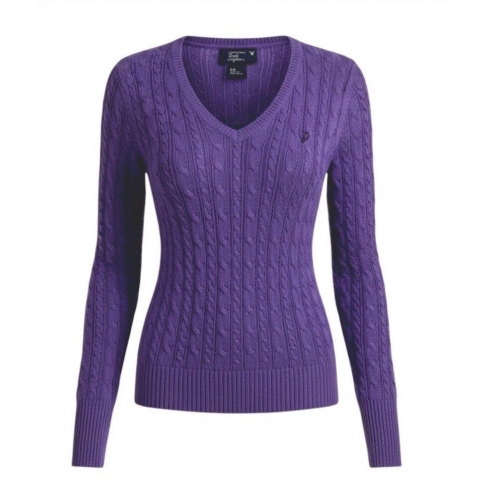 Y2K American Eagle V Neck Fitted Cable Knit Sweater Women Medium Purple Preppy